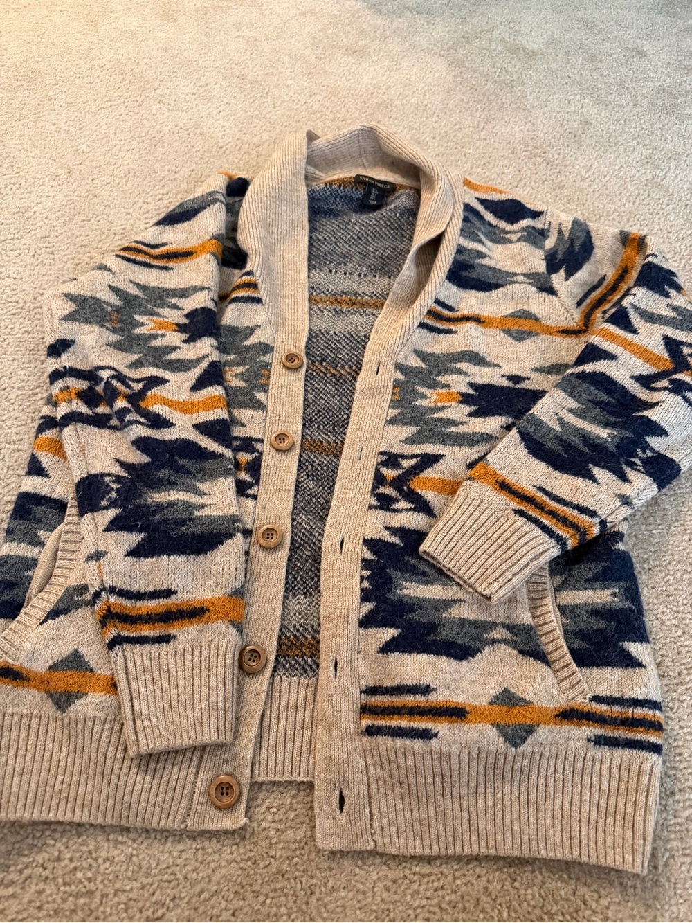 ethan pierce Cardigan Sweater in Beige with Navy & Mustard Accents